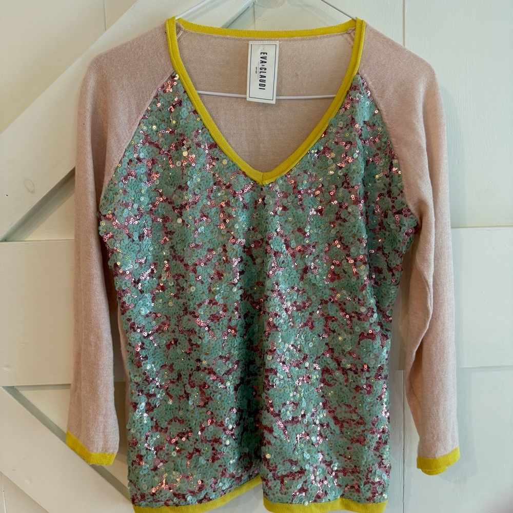 Eva Claudi Danish Design Pink/Aqua Blue Sequin V-Neck‎ Sweater Small Boho